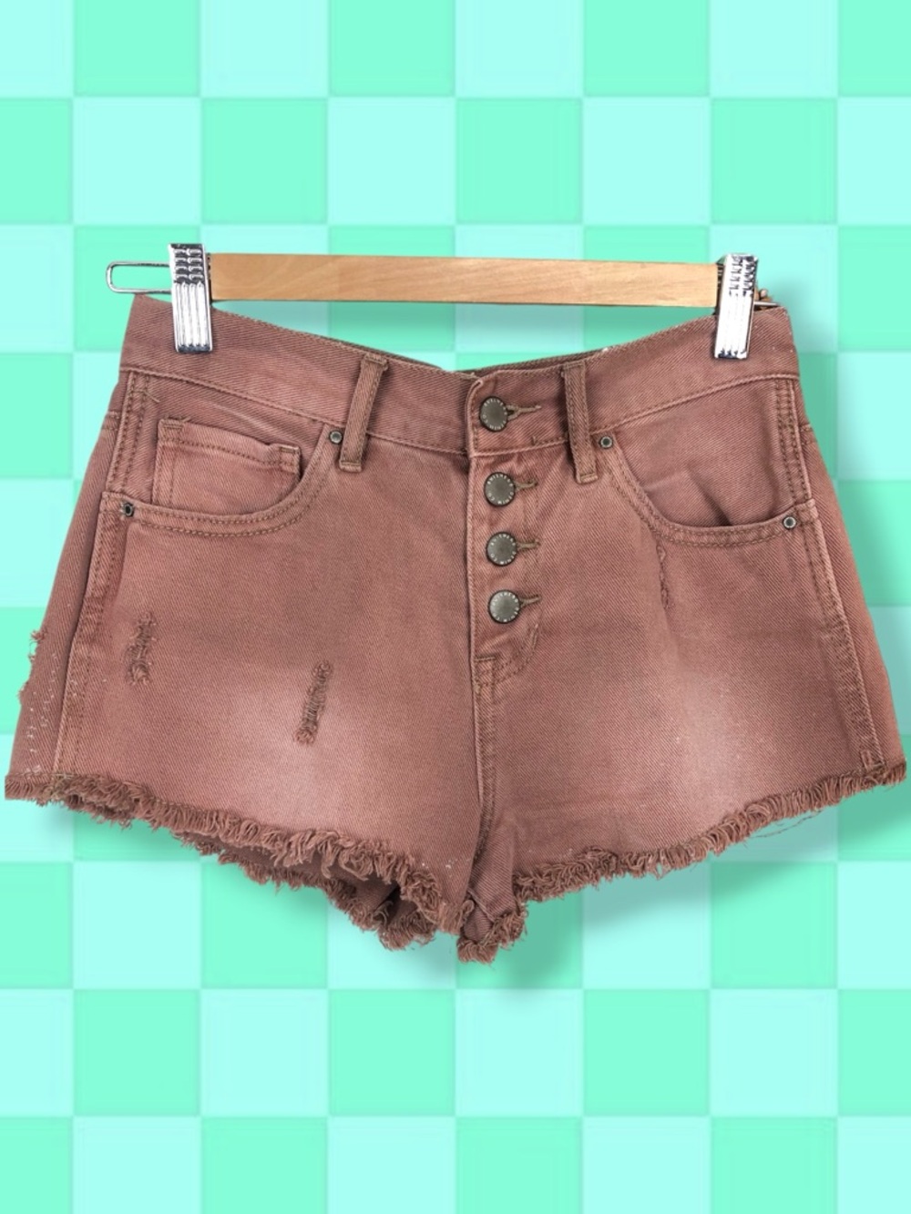 BullHead High Rise Distressed Frayed Hem Button Fly Denim Jean Shorts Dusty Pink